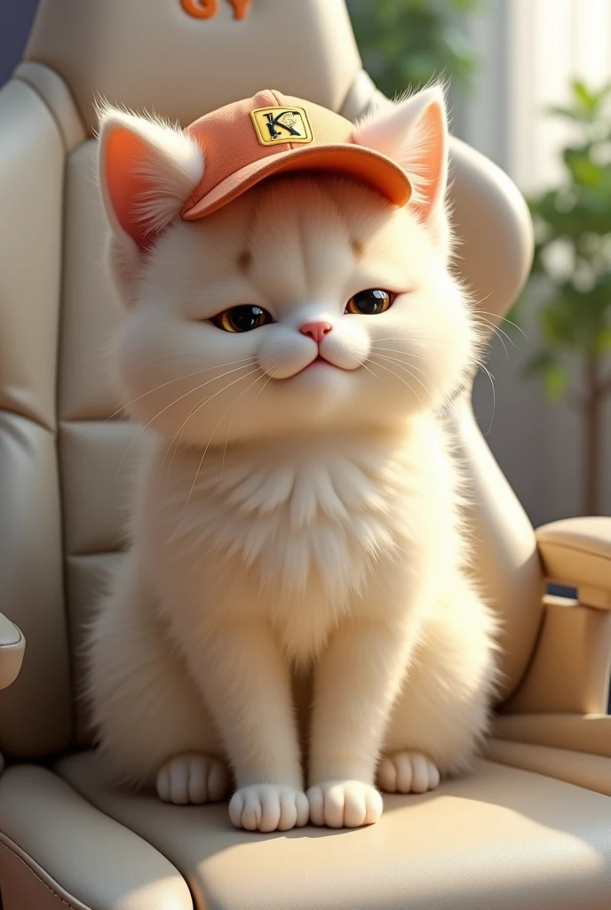 Create a cream-colored cat on a gaming chair with Fernanflo's cap