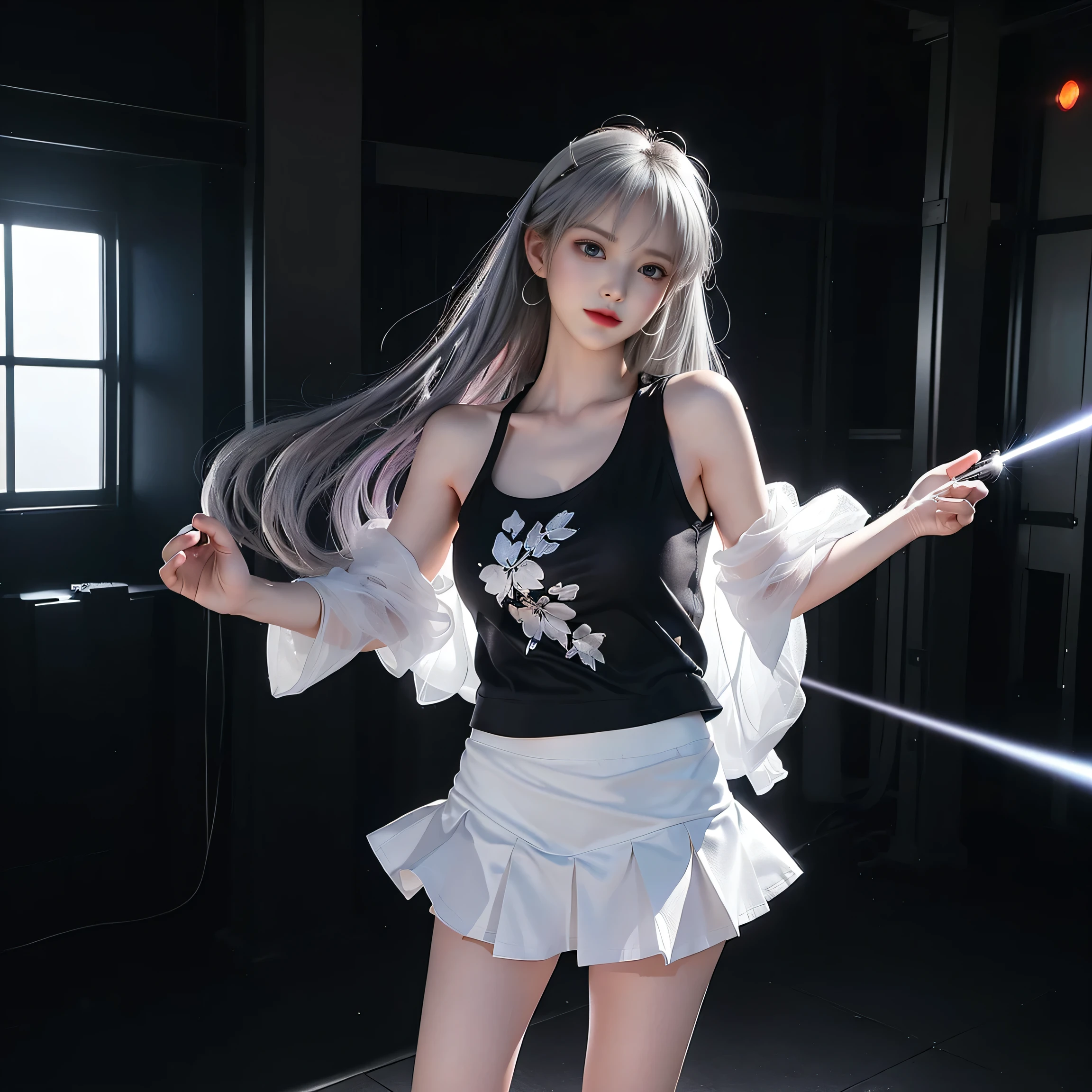 ((Girls standing on the stage in the main hall,Group of 3)),蛍光Farbe、((3People Girls)),Look to the side、Beautiful Face、Beautiful Eyes、(Big Blue Eyes)、(Silver dull hair)、Shiny Hair、Glowing Skin、Reduce glare、Finger Proportion Adjustment、Escrow、Bat View、(Dancing()、Dynamic Angle、(Master Parts)、(Highest quality)、(Ultra detail)、(An Illustration)、(Detailed light)、(Very delicate and beautiful)、Dramatic Shadows、Ray Tracing、reflection、Ultra high resolution、(Master Parts)、(Highest quality)、(ultra HD)。 High resolution、((Colorful hair and mesh))、Her hair flutters in the wind、(大きな深い青Farbeの目)、Silver Hair、haired woman、Sparkling Butterfly、Sparkling Butterfly、黒haired woman、Points of light around the woman、Magical Aura、緑Farbeの点、The nature of the aura、Magical Aura黒haired woman、((Off-the-shoulder black and white two-tone dress mini skirt:1. 3)、(Sleeveless)、(The skirt flutters in the wind)、(Searchlight)((Farbe々Laser beam))、(I can see her black panties)(Full Body Shot)、(Long legs)、(High heels)、holding a microphone in one hand、Kirachou、黒haired woman、Spots of light around the woman、Magical aura、Green Farb Dot、The nature of the aura、Magical Aura黒haired woman、((One shoulder black tank top:1. 3))、(No sleeve)、((White flared mini skirt))(The skirt flutters in the wind)、((Black trunk panties))、(Searchlight)(Laser beam)、((I can see her black panties))(Full Body Shot)、(Long legs)、(High heels)、