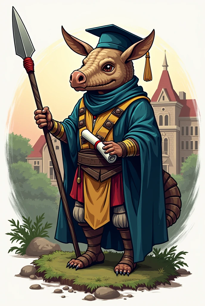 Make me a logo that has
a school in the background, a human "with an armadillo head" holding a spear, a diploma, a realistic graduation hat
