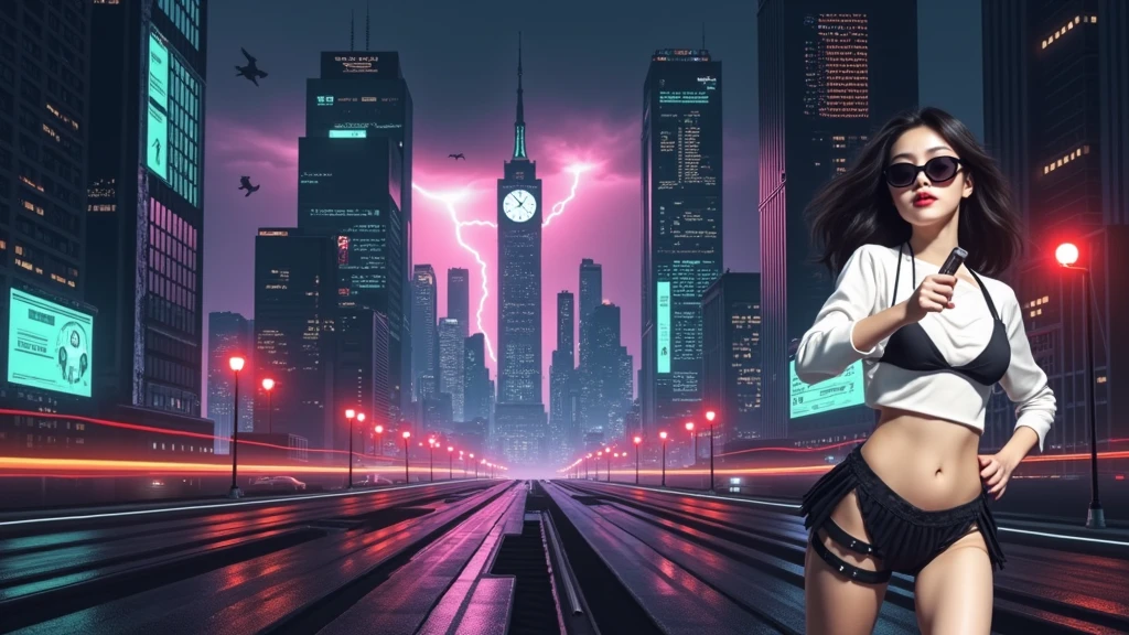 (Wide angle aerial view). At night, simple outlined cyberpunk city, flying cars, all-glass buildings, glowing giant clock tower, lightning, line art background. High-resolution OLED GUI interfaces in the building, The windows are filled with transparent data visualization infographics that show it all, very close-up green glowing cascading code. Colors are saturated and vibrant. At night, (1girl, solo, alone), photorealistic, large-breast slim:0.6 body, oval:0.5 face, black mini bra, cleavage:1.1, deep-v, very low angle view of black pleated miniskirt, white panty, (upskirt), glove, (Matrix style black micro sunglasses), (aiming viewer with a short gun), dynamic running pose, (half-body thigh level close-up shot), cinematic lighting, ray tracing, motion blur background.