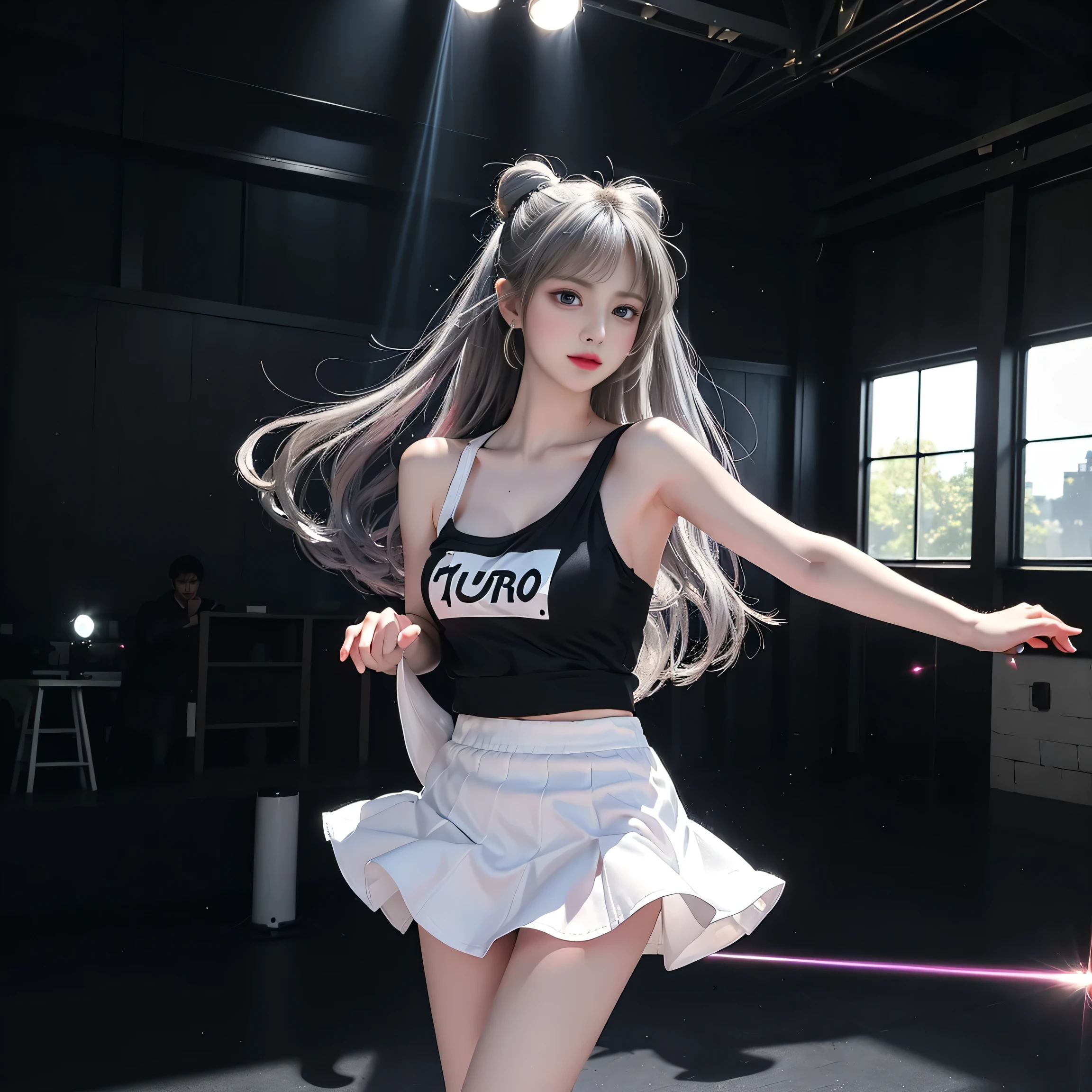((Girls standing on the stage in the main hall,Group of 3)),蛍光Farbe、((3People Girls)),Look to the side、Beautiful Face、Beautiful Eyes、(Big Blue Eyes)、(Silver dull hair)、Shiny Hair、Glowing Skin、Reduce glare、Finger Proportion Adjustment、Escrow、Bat View、(Dancing()、Dynamic Angle、(Master Parts)、(Highest quality)、(Ultra detail)、(An Illustration)、(Detailed light)、(Very delicate and beautiful)、Dramatic Shadows、Ray Tracing、reflection、Ultra high resolution、(Master Parts)、(Highest quality)、(ultra HD)。 High resolution、((Colorful hair and mesh))、Her hair flutters in the wind、(大きな深い青Farbeの目)、Silver Hair、haired woman、Sparkling Butterfly、Sparkling Butterfly、黒haired woman、Points of light around the woman、Magical Aura、緑Farbeの点、The nature of the aura、Magical Aura黒haired woman、((Off-the-shoulder black and white two-tone dress mini skirt:1. 3)、(Sleeveless)、(The skirt flutters in the wind)、(Searchlight)((Farbe々Laser beam))、(I can see her black panties)(Full Body Shot)、(Long legs)、(High heels)、holding a microphone in one hand、Kirachou、黒haired woman、Spots of light around the woman、Magical aura、Green Farb Dot、The nature of the aura、Magical Aura黒haired woman、((One shoulder black tank top:1. 3))、(No sleeve)、((White flared mini skirt))(The skirt flutters in the wind)、((Black trunk panties))、(Searchlight)(Laser beam)、((I can see her black panties))(Full Body Shot)、(Long legs)、(High heels)、