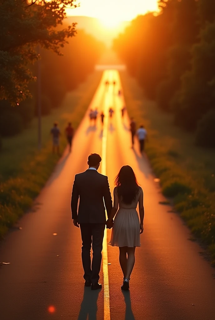 A couple holding hands and walking along a long, winding and beautiful road at sunset, and they were photographed from behind and far And they have left people behind and these people look at them with regret