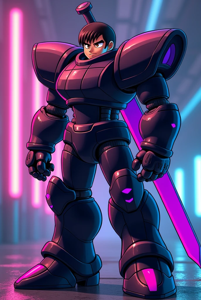 (megaman x), Humanoid robot similar to Zero from Megaman X, Standing taking his sword, With the same armor as Zero from Megaman x6, black hair , Mexican tea, black hair, frown, It has to be fat both in the body and in the face, The armor has to be the same as Zero, but purple with black is based on the anime art of megaman x6 the armor has to be more anime, In addition, the character's hair has to be short., The predominant color of the armor must be black. All in neon colors the character measures 1.73 and weighs 150 kg ARMAURA HAS TO BE BETTER.
