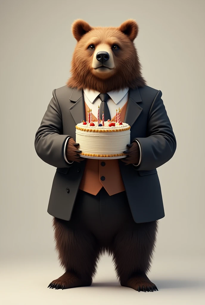 Standing bear dressed in suit with cake