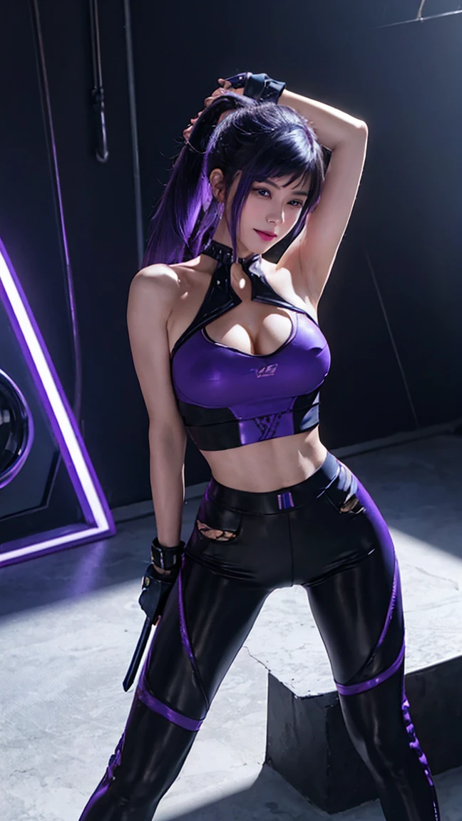 (masterpiece), best quality, 4k, HD, expressive eyes, perfect face, ABS,  muscular, tight open cropped PVC jacket, cyberpunk, spread armpit, bandeau, center opening, bare shoulders, breasts, collarbone, feet out of frame, own thigh, taut high-waist pants, high ponytail, light rays, long hair, purple eyes, medium breasts, cyberpunk theme, villain, purple eyes, purple hair, solo, strapless, sweaty, sunlight, very long hair, knee pads, Mecha wall, taut mecha leather yoga pants, navel, sweat, LED shoes, horny smile, lowleg pants, laser, skindentation, moans, areolae clothes, muscular arms, pussy juice, sweatdrop, sexual fluids, clothing cutout, fullbody, muscle suggestive fluid, soaking wet, holographic clothing, moans, handcuffs, pubic v hair, jail prison, raped