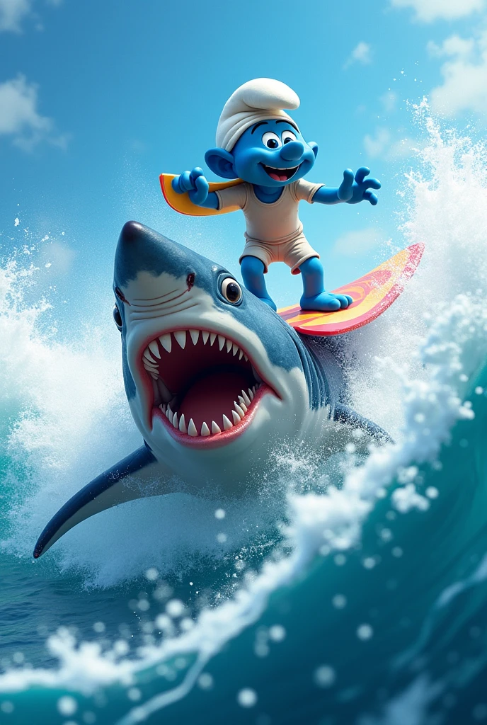 smurf surfing on top of a fierce shark