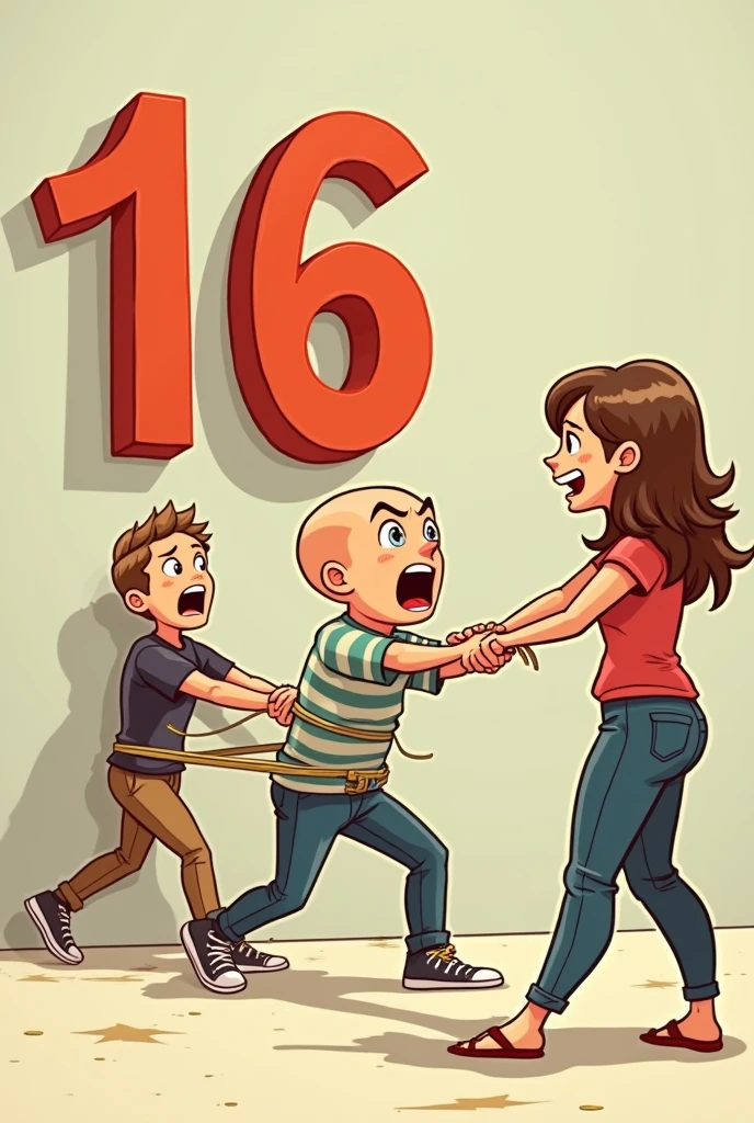 Create a drawing where a girl is forcing her boyfriend to go towards a large number that says 16 animated but they can be seen heading towards the number but the boyfriend is bald but do it with the girl happy and the boyfriend scared because the girlfriend has him tied up as they are heading towards the 16 that it says "little by little we fell...