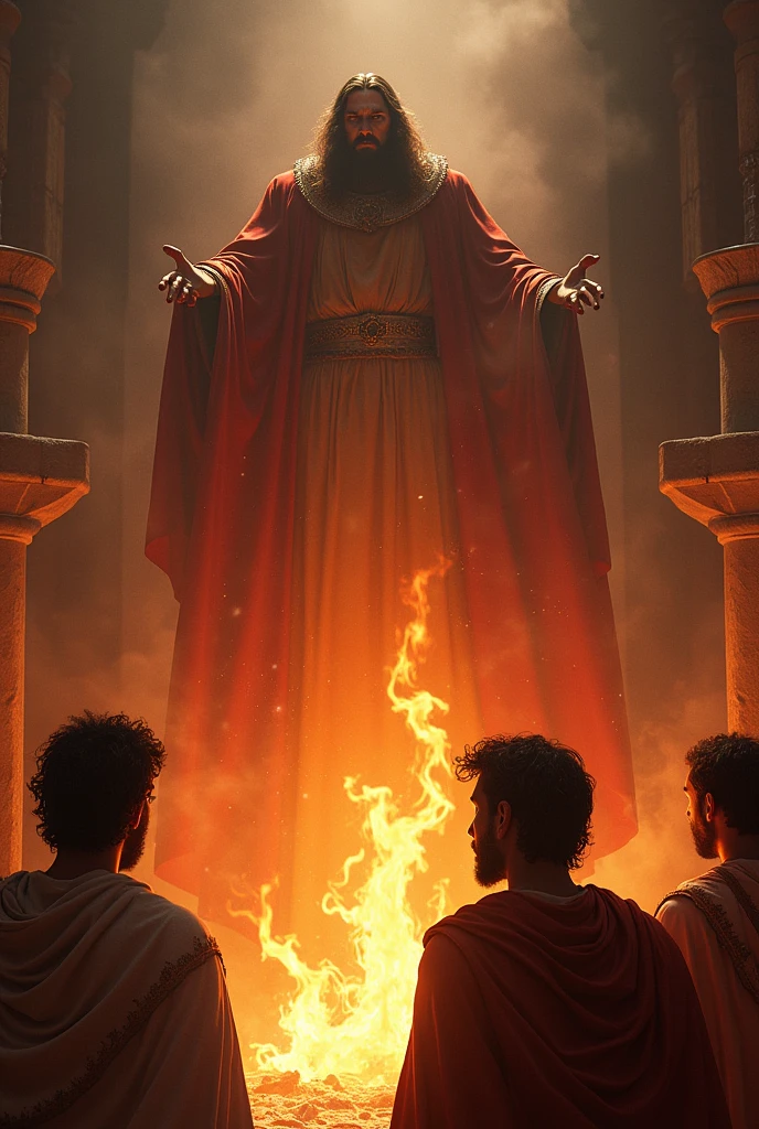 Create an intense and dramatic scene showing the moment when Shadrach, Meshach and Abednego are thrown into the burning fiery furnace. The three young Hebrews must be in the middle of the action, with expressions of faith and courage, as they are pushed into the furnace. The furnace should be represented with intense and vibrant flames, emanating a hot, blinding light. Ao fundo, show King Nebuchadnezzar with an expression of surprise and bewilderment, her eyes wide and mouth open in shock, observing the scene from a high place or platform. The image must convey the intensity of the fire and the tension of the moment., with the king clearly disconcerted by the impending miracle." 3 young men in front of the furnace and the king with a surprised look on his face