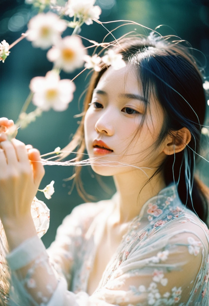 beautiful Chinese girl,transparent yarn,motion blur,haziness,hidden,double exposure,soft light,light detail,film,film grain,soft flowers,details,flowing,soft in,ethereal