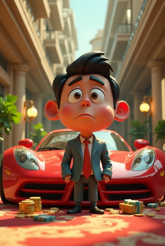 Create a 3d cartoon animation image *Scene 1: The young Rich Man's Lonely Life*
- A luxurious mansion with a lonely figure sitting on a couch
- A close-up of the rich man's face, looking unhappy and unfulfilled
- A shot of the rich man's lavish lifestyle (e.g. expensive cars, jewelry, etc.)