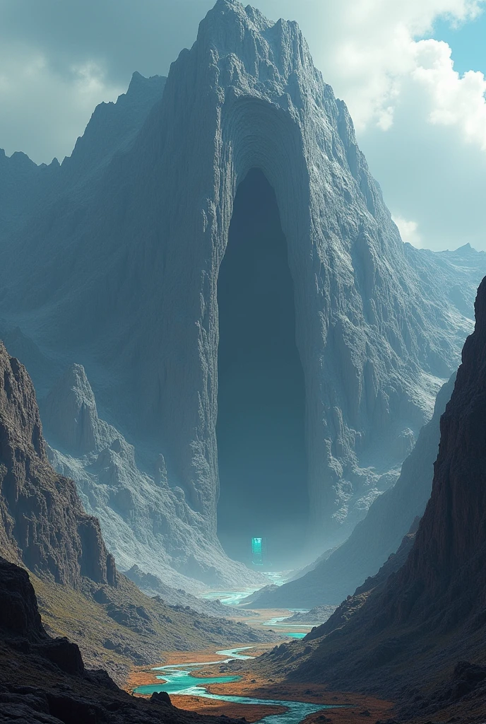 a landscape view of a huge gigantic mountain biome with some mines and a big door into a centered mountain, acid lakes