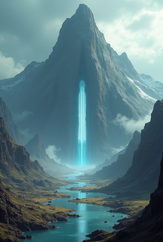 a landscape view of a huge gigantic mountain biome with some mines and a big door into a centered mountain, acid lakes