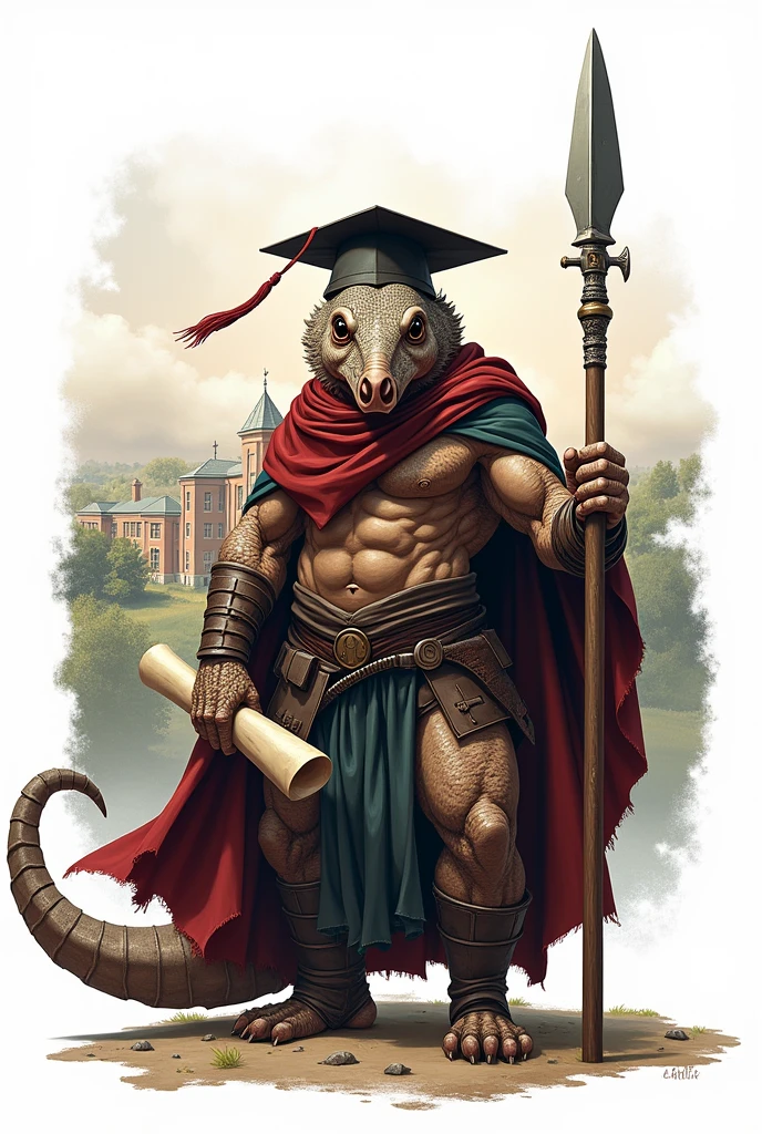 Make me a logo that has
a school in the background, a human "with an armadillo head" holding a spear, a diploma, a realistic graduation hat