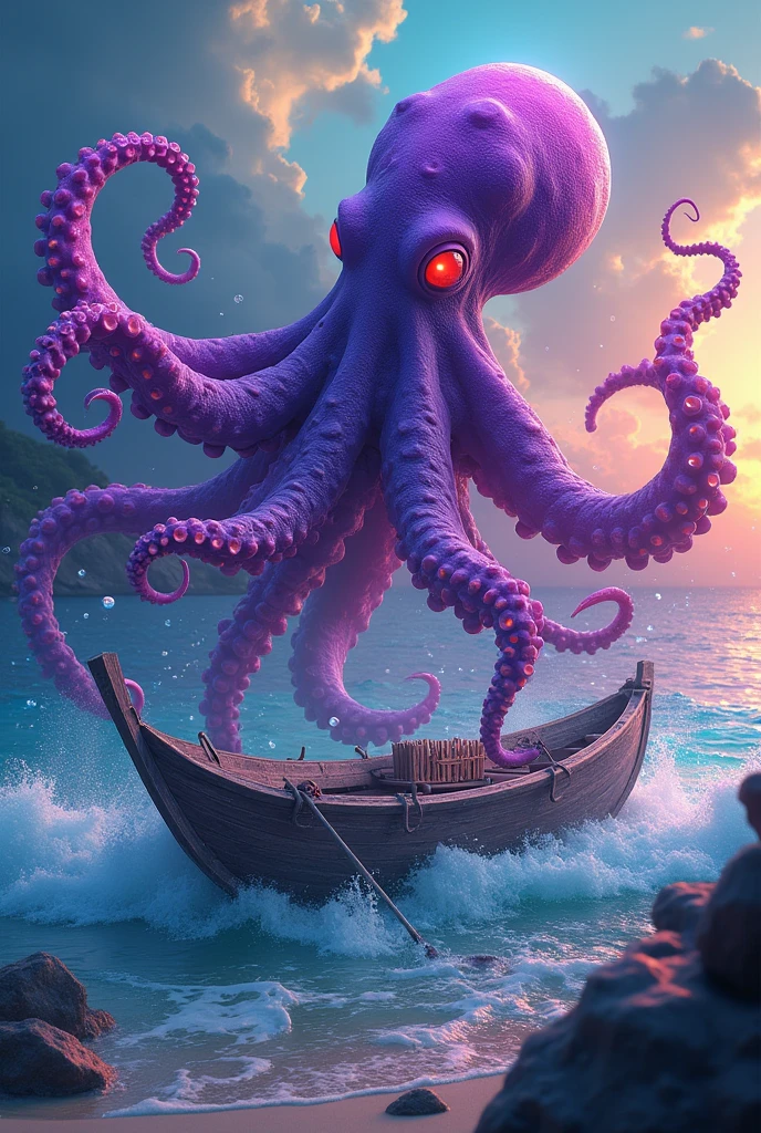 purple radioactive psychedelic octopus from a hallucination in the magical sea destroying an average wooden boat near the coast of a paradise beach on a calm colorful day