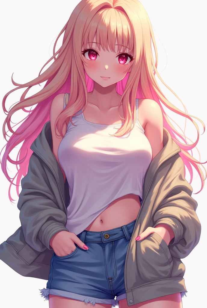 fanart style,  a young woman with white skin, with long blonde hair with waves and pink tips, Her eyes are a deep pink shade, slightly slanted, relaxed and casual with one arm in the pocket of a slightly open jacket and the other arm hanging loosely suggesting a thoughtful expression. , Under the jacket you can&#39;t see anything and he&#39;s wearing shorts underneath 