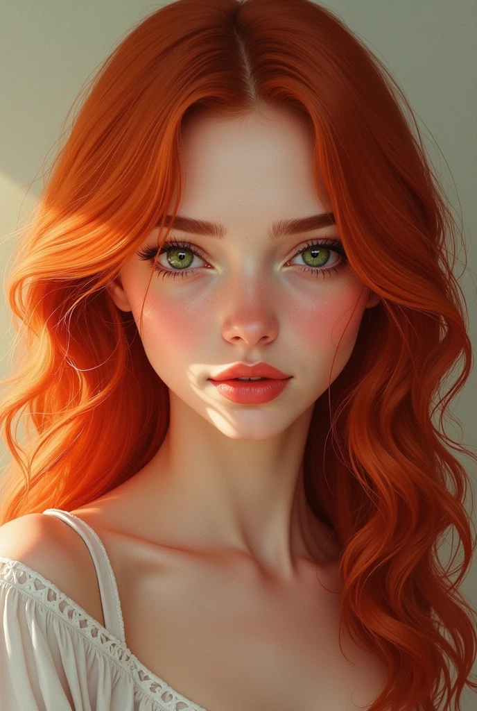 young woman, wavy red hair, snub nose, greeneyes, white skin slightly fuller face