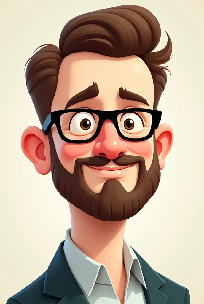 2D CARTOON OF A MAN WITH SHORT BROWN HAIR ON THE SIDES, White skin, SHORT BEARD WITH GLASSES BROWN EYES