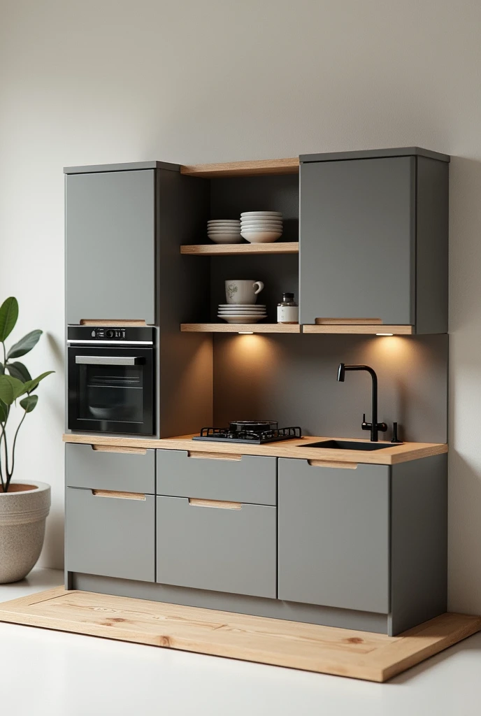 Kitchen for 2.30cm high x 2.70cm wide with a grey and wood-coloured cupboard on the left with a black counter