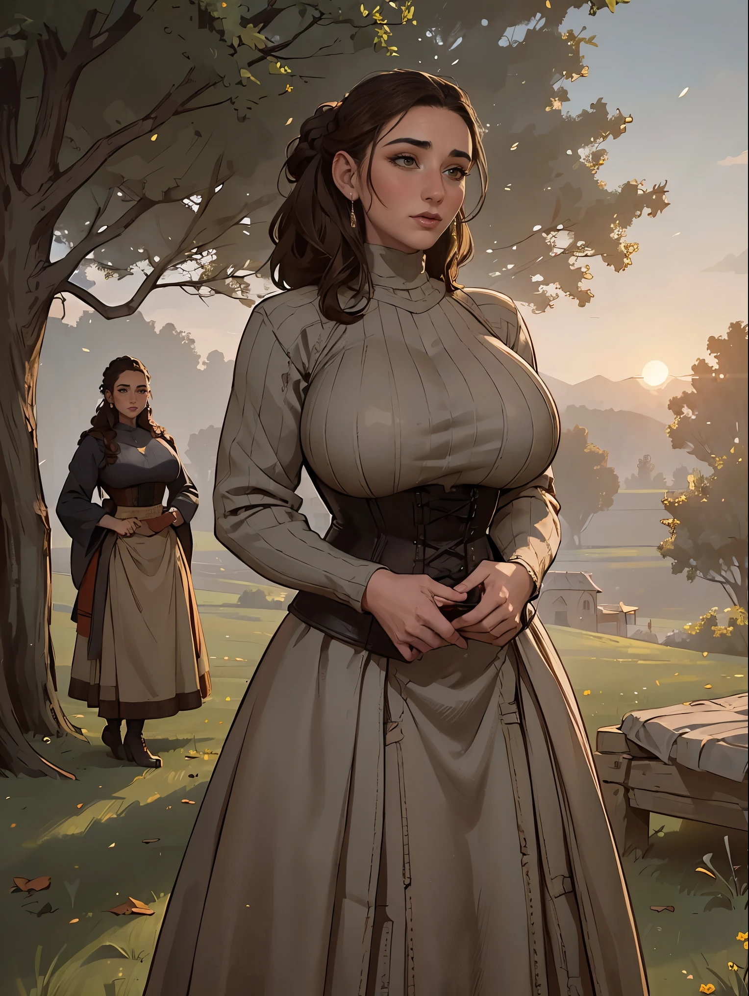 Gorgeous and sultry busty athletic (thin) brunette peasant with sharp facial features wearing a modest updo, medieval hair cover, rough-spun grey and brown medieval dress, long sleeves, wide neck, long dress, tight bodice, corset, Middle Ages, cottage, farm, exterior, trees, countryside, evening, sunset.