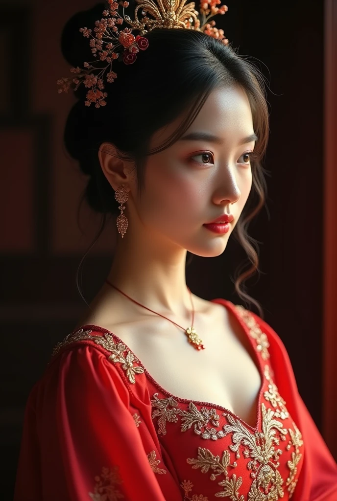 best qualityer, work of art, high resolution, 1 girl,Chinese Wedding Dress,hair ornament,necklase, jewerly,beautiful face,about_cos, Tyndall effect,photorrealistic, dark studio, rim lighting, two tone lighting,(highly detailed skin:1.2), 8k uhd, dslr, soft lighting, high qualiy, volumetric lighting, candid, fot, high resolution, 4K, 8k, bokeh