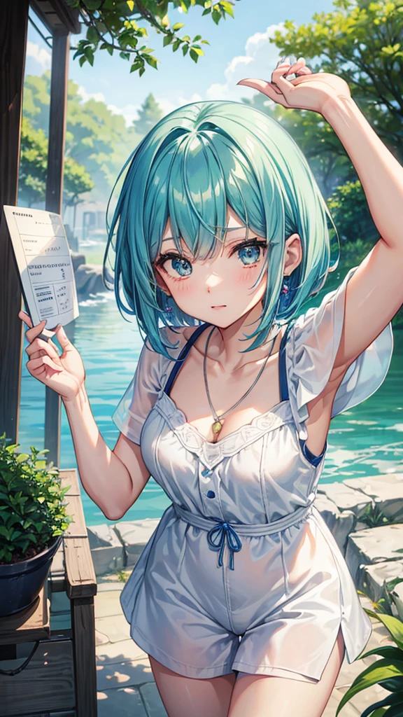 gender：Female length：160cm Measurements：B80 W60 H85 髪の色：Blue Hairstyle：Short bob eye color：Green Clothing：White mini dress、Earrings、necklace、ビーチサンダル gender：Female length：160cm Measurements：B80 W60 H85 髪の色：濃いBlue Hairstyle：Short bob eye color：Green Clothing：White short sleeve hoodie、Denim shorts