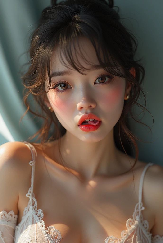 NSFW, 8k, High-level, absurd, masterpiece, best quality, primitive, very detailed CG, very detailed wallpaper, perfect lighting, Extremely detailed (((The personifying " Gravure idol photo session " as a ))), MysticSight, Tyndall effect, Tyndall scattering, Studio gray background with (many Dazzling RainbowColor particles BokeH:1.28), (RoundlyButts, ThighGap), (Exposed:0.4), (Assfocus with looking ahead), BREAK (NOGIZAKA face variations) Extremely Detailed very KAWAII face variations, perfect anatomy, Childish, captivating gaze, elaborate detailed Eyes with (sparkling highlights:1.28), long eyelashes、Glossy RED Lips with beautiful details, Coquettish tongue, Rosy cheeks, Radiant PearlSkin with clear transparency . { (Dynamic LifeLike expressions:1.4) | :d) }, (large eyes:-1) .