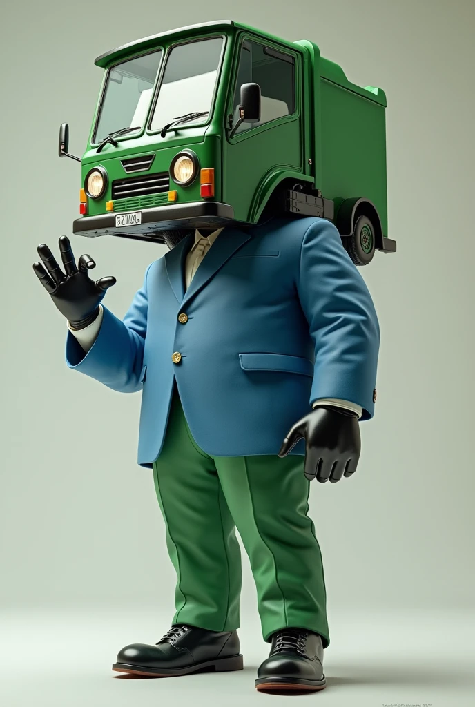 A humanoid being with the main characteristic of having its head replaced by a green garbage truck with 6 wheels, he wears a blue suit with green pants, he wears black leather gloves and black shoes, and he's doing the middle finger