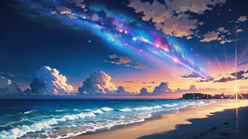 (masterpiece:1.4), (Highest quality:1.4), Very detailed, Complex, Super detailed, night、Starry Sky、Sandy Beach、Sandy Beachを歩いている一人の女の子、4K、8k