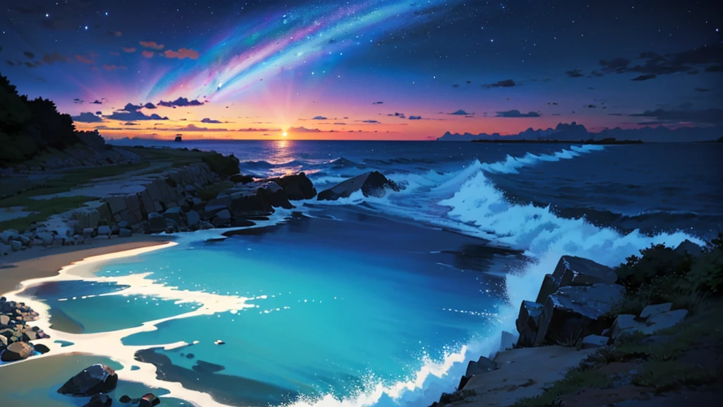 (masterpiece:1.4), (Highest quality:1.4), Very detailed, Complex, Super detailed, night、Starry Sky、Sandy Beach、Sandy Beachを歩いている一人の女の子、4K、8k