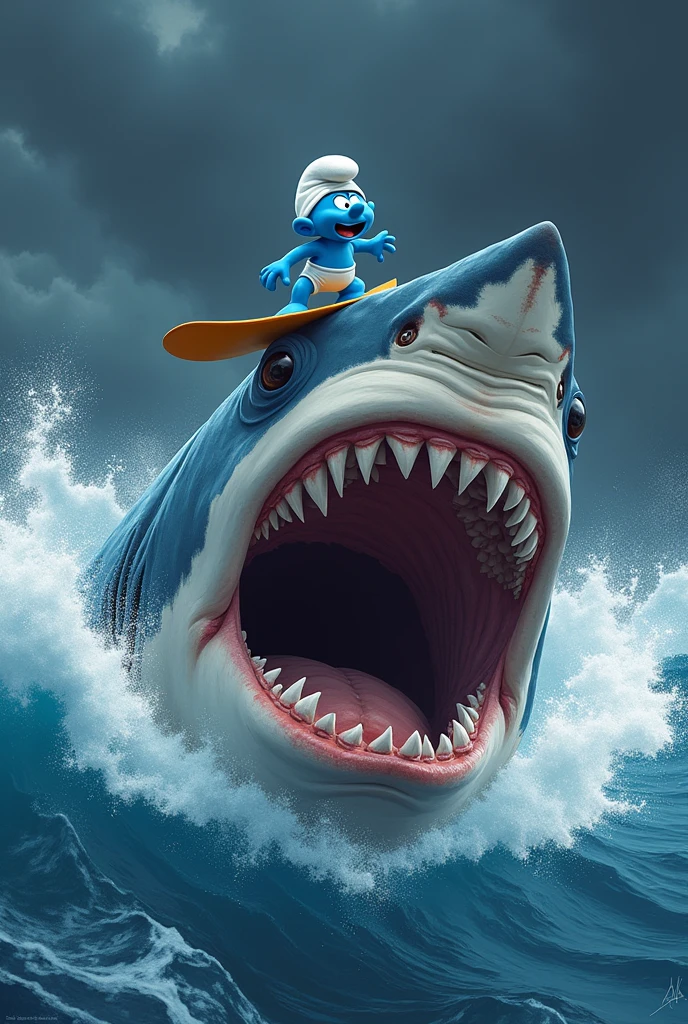 smurf surfing on top of a scary shark