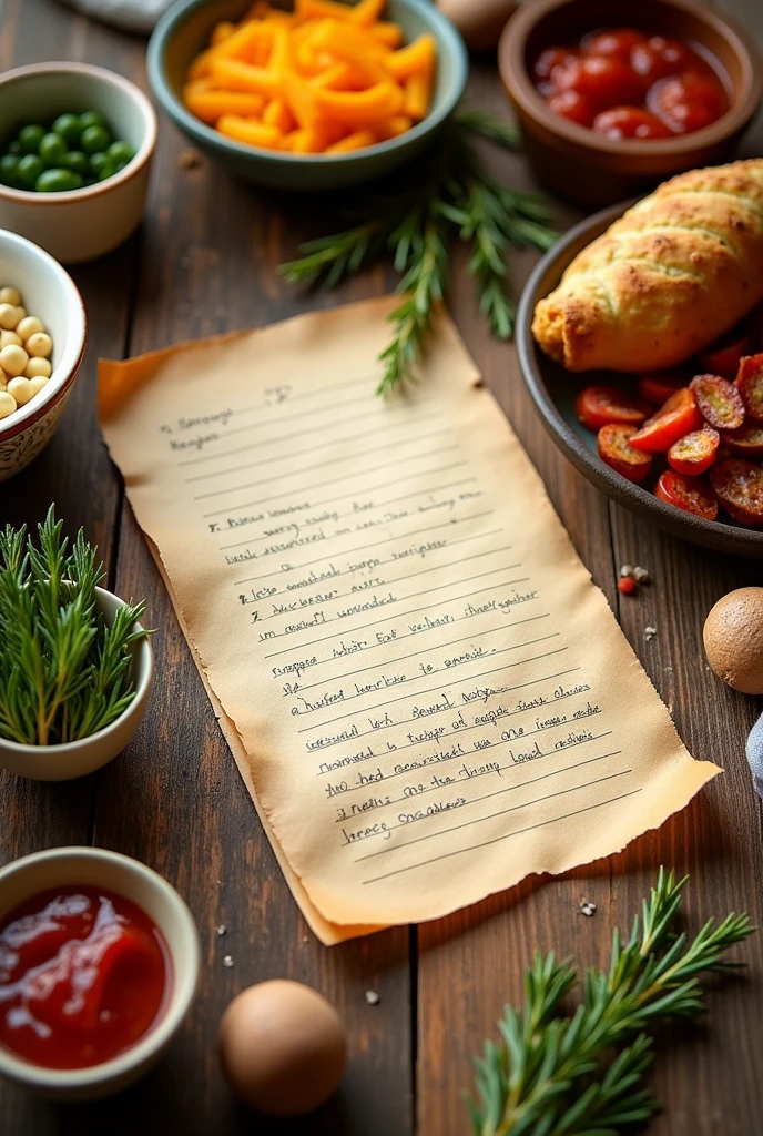 list of cooking recipes on a wooden table with all kinds of food and dishes around, view from above with warm colors