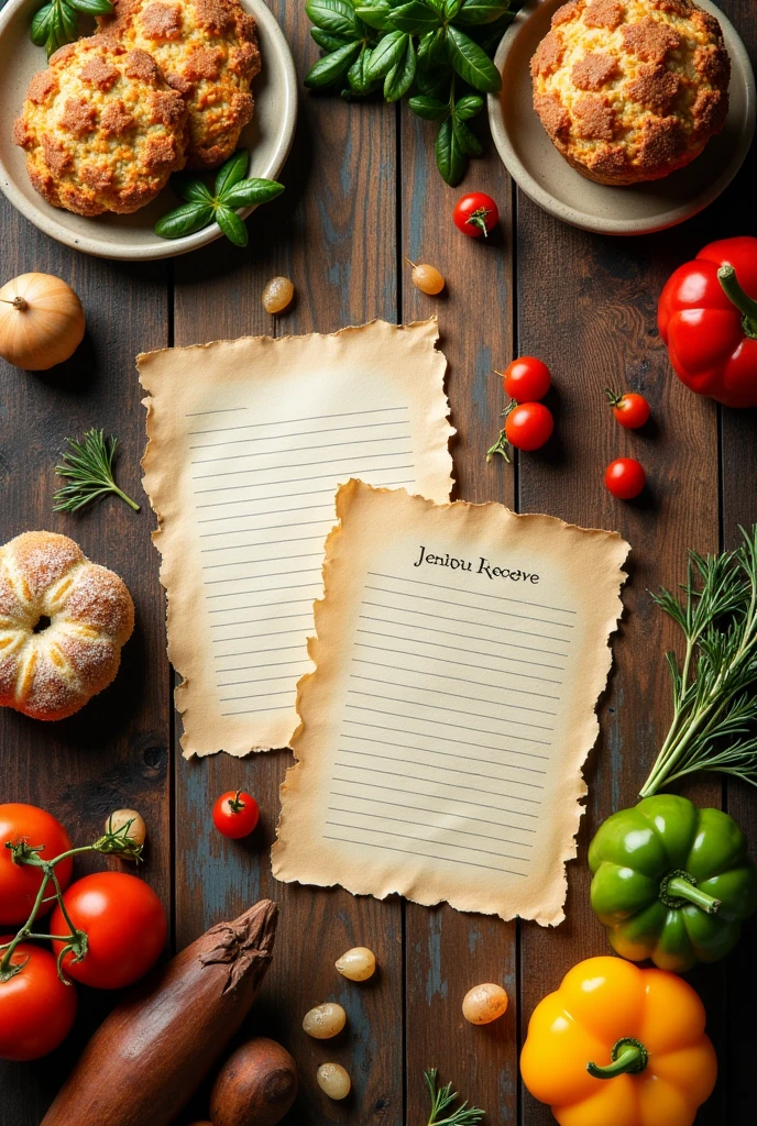 list of cooking recipes on a wooden table with all kinds of food and dishes around, view from above with warm colors