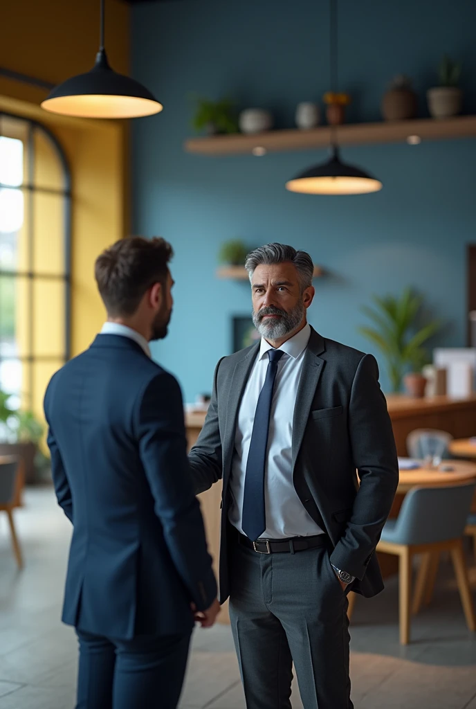 A man in a suit and with a gray, stubbly beard serving a customer in a minimalist environment with blue colors, yellow and with wooden furniture