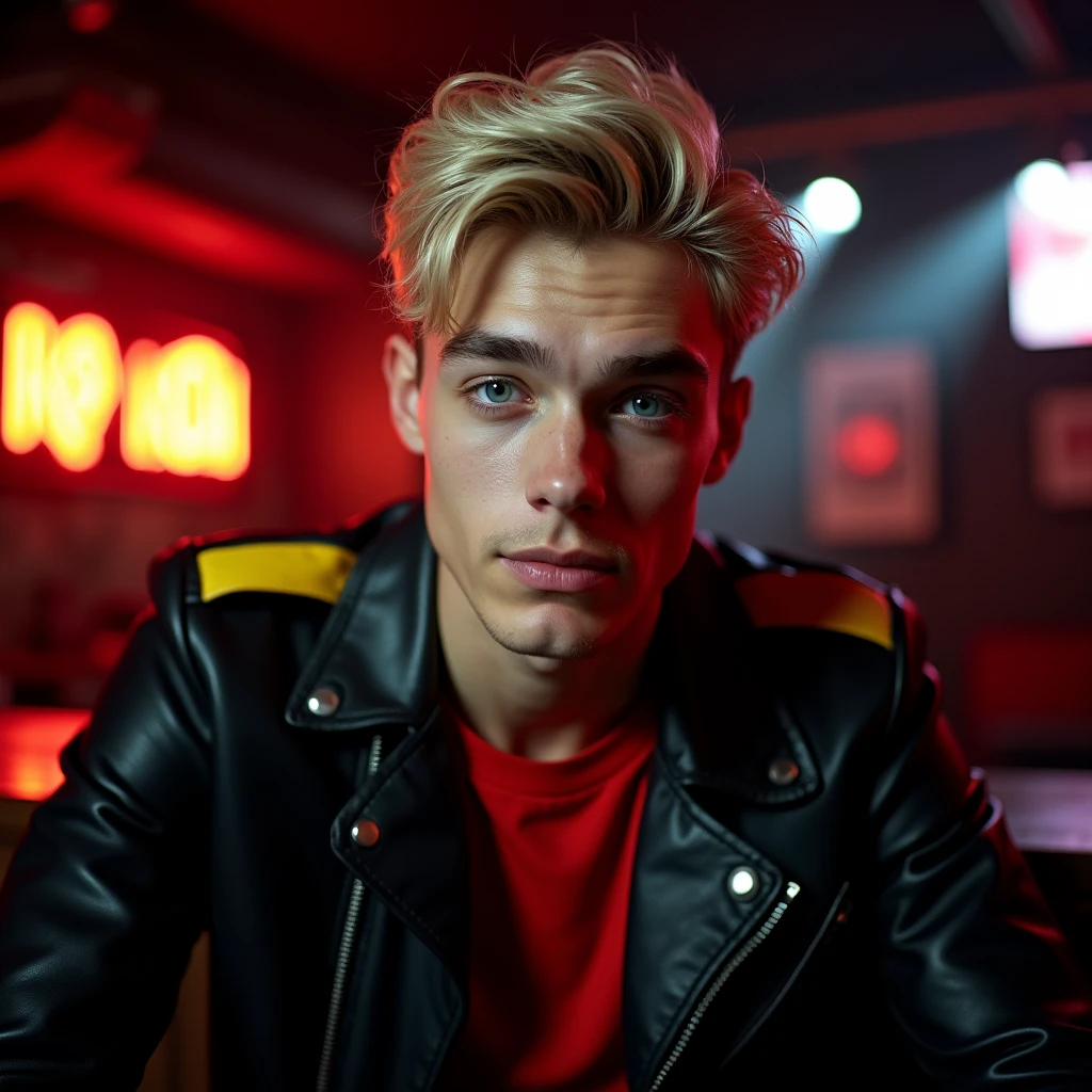 photograph head shot, attractive 22 year-old male model, short platinum blond layered textured side swept bangs hair, vibrant blue eyes, teen face, skinny svelte body, dominant smirking expression, almond shaped eyes, very pale skin tone, black leather jacket with yellow accents on shoulders, red shirt, inside private underground club, dim lighting, cinematic