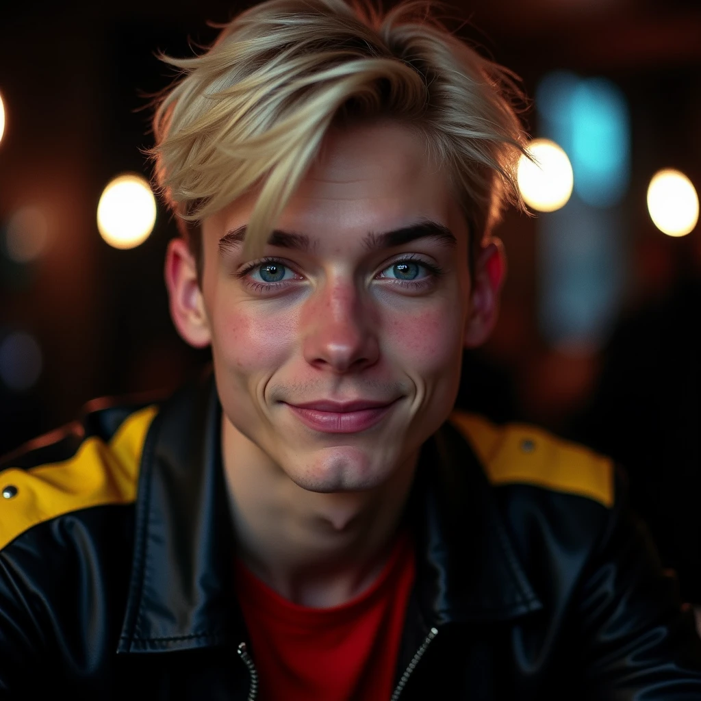 photograph head shot, attractive 22 year-old male model, short platinum blond layered textured side swept bangs hair, vibrant blue eyes, face, skinny svelte body, dominant smirking expression, almond shaped eyes, very pale skin tone, black leather jacket with yellow accents on shoulders, red shirt, inside private underground club, dim lighting, cinematic