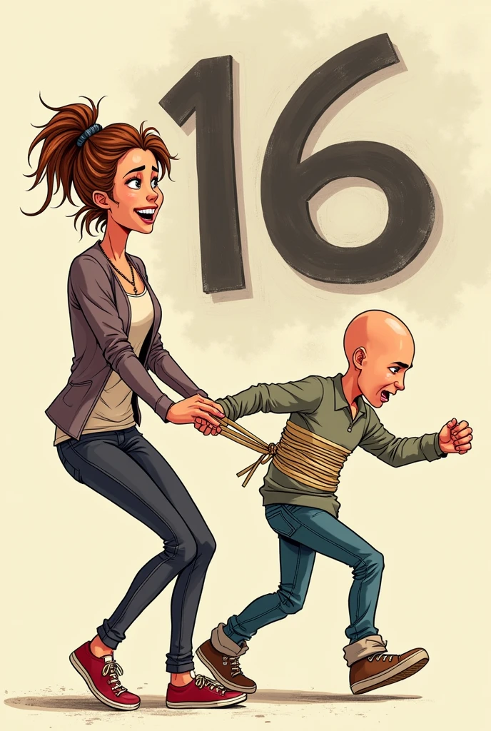 Create a drawing where a girl is forcing her boyfriend to go towards a large number that says 16 animated but they can be seen heading towards the number but the boyfriend is bald but do it with the girl happy and the boyfriend scared because the girlfriend has him tied up as they are heading towards 16