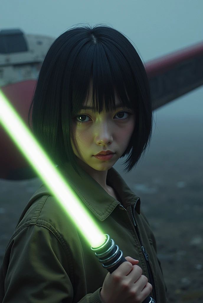 Depressed girl、Japanese、Black Hair、Bobcut、Hold the lightsaber、X-wing is stopped、Real、Finish like a photo