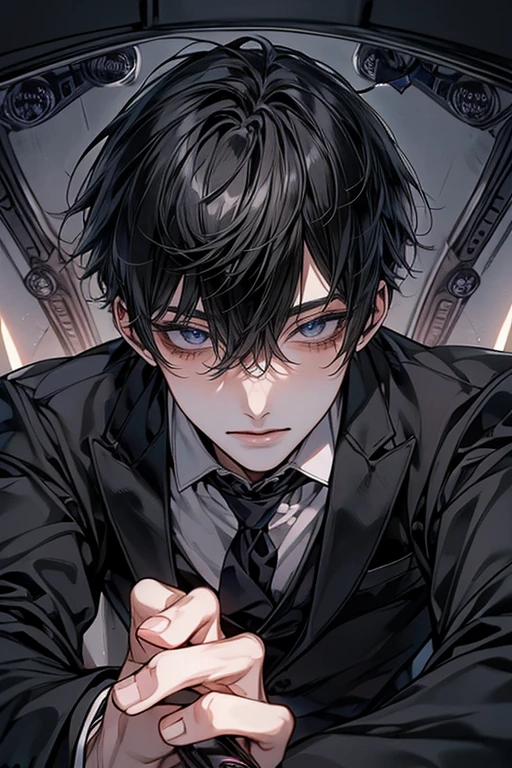 (Mastepiece)、(Best Quality)、Very detailed、One man、((Shooting from below:1.5))、Perfect Face、Beautiful Face、Very detailedな顔、(Black Hair:1.3)、Black suit、((Man loosening his tie:1.4))