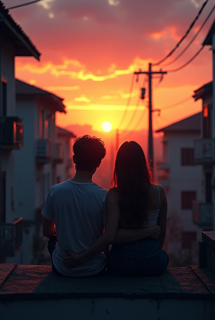 make a young couple of lovers sitting on the roof of a balcony and watching the beautiful and surreal sunset on the horizon, in a dark, gray abandoned city, a neighborhood alley, There are electricity poles on the horizon and the city stretches across the horizon
