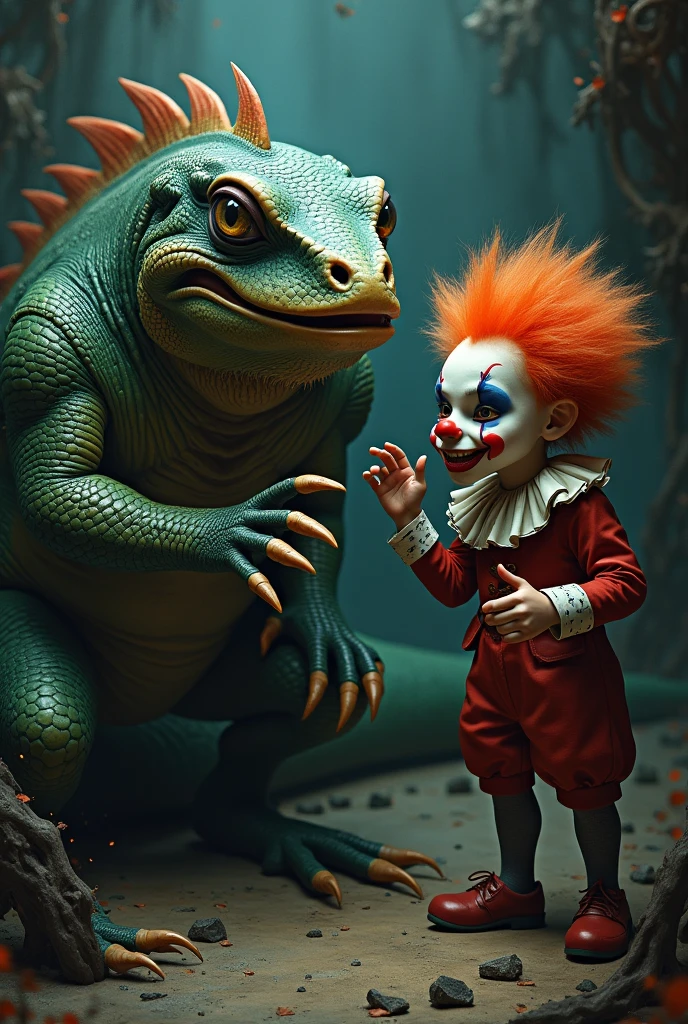 The image of two people.
A veteran boss with iguana-like features and his young lackey with clown-like features who is fixing his hair.