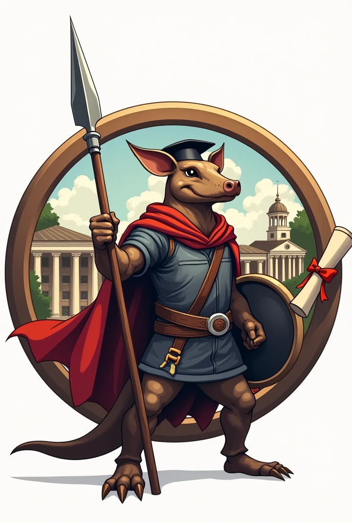 Make me a logo that has a school in the background, a human "with an armadillo head" holding a spear, a diploma, a realistic graduation hat and the logo is circular