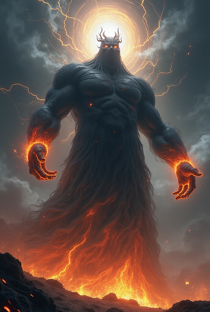 (Titan - Dark God of Chaos)(with four arms)(covered in black fire,smoke and lightning)