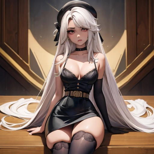 full-body, stand, side, pose for photo, pose(masterpiece, best quality:1.4), absurdres, highres, ultra detailed, beautiful, (secretary), (perfect face, detailed face, beautiful:1.3),(natural small breasts, cleavage), collarbone, fingerless gloves, gloves,spaghetti strap top, black pencil skirt, tight, over the knee skirt, hat, elegant secretary outfit, thighhighs, thick thighs, thighs, multiple belts, More detailed 8K.motor irreal:1.4,UHD,La mejor calidad:1.4, fotorrealista:1.4, textura de la piel:1.4, obra maestra:1.8,obra-prima, mejor calidad, (detailed face features:1.3),(manos detailed)