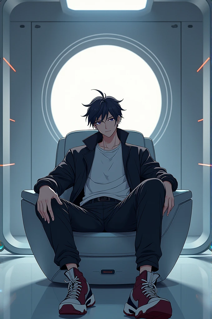A Anime man character sit on chair in studios set up like tube Sensei image size 16:9