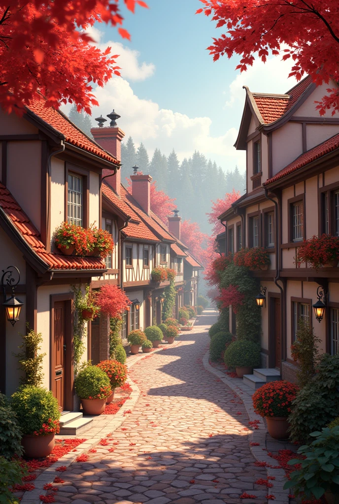 a dark alley with red leaves, cgsociety contest winner, warm beautiful scene, quaint village, high res beautiful lighting, wlop art, beautiful cityscape, european scene, classicalhouses design