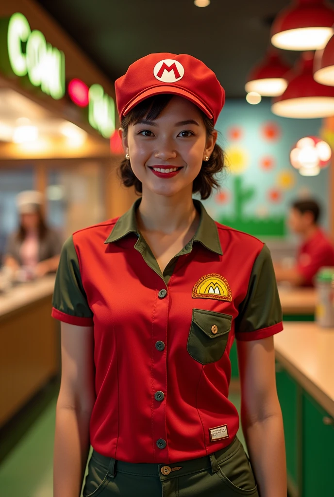 Uniform for employees of a fast food restaurant with a Mario Bros. gamer theme with the name of "mushroom kingdom"