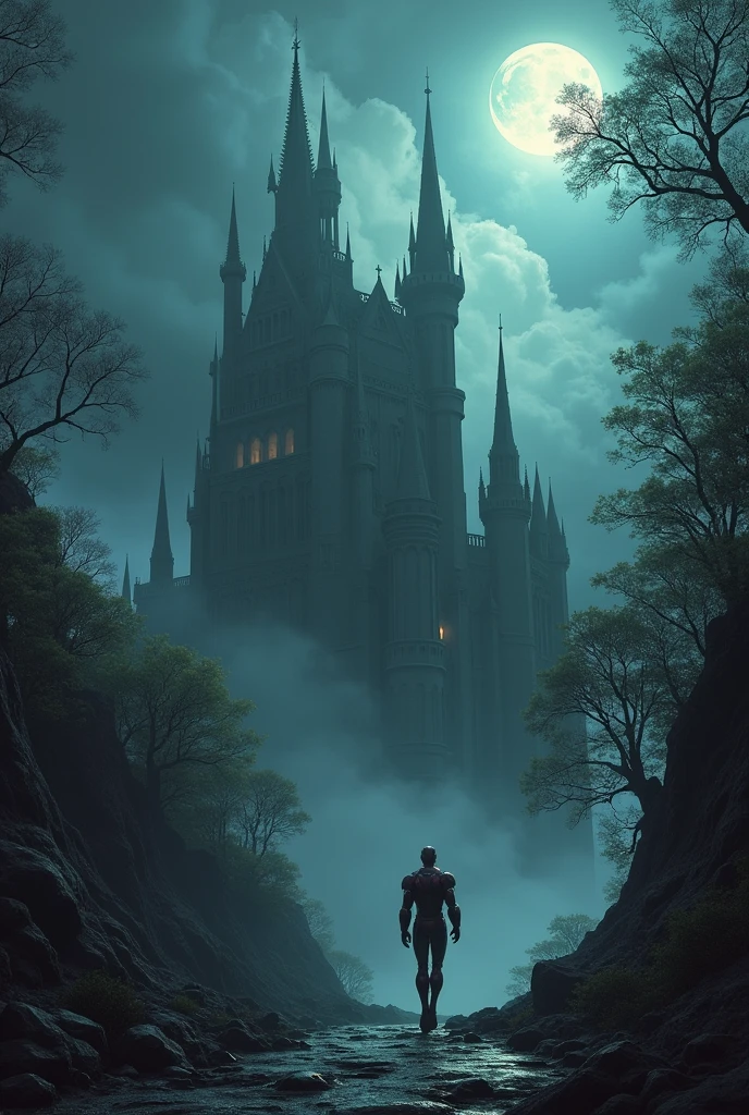 Create a dark fantasy scene in an 80s style, with a gothic castle emerging from the shadows of an enchanted forest. The sky must be full of storm clouds, illuminated by rays of supernatural light. Add marvel iron man, The color palette should include dark and intense tones, like purple, deep blues and smoky greens, with a hint of metallic sheen