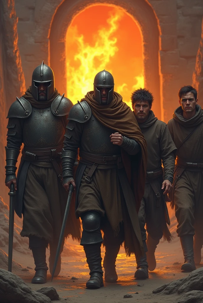 two soldiers taking 3 young men to the fiery furnace