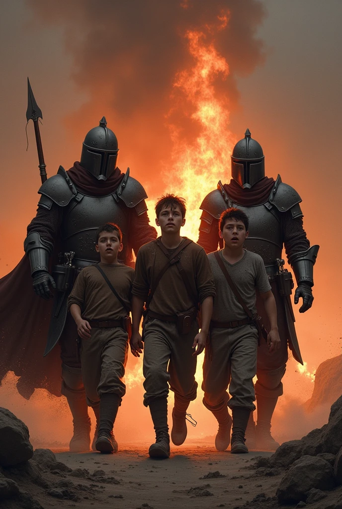 two soldiers taking 3 young men to the fiery furnace