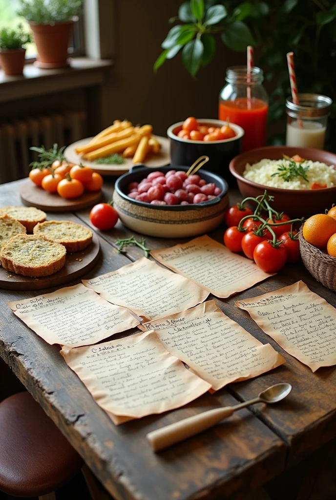 list of cooking recipes on a wooden table with all kinds of food and dishes around